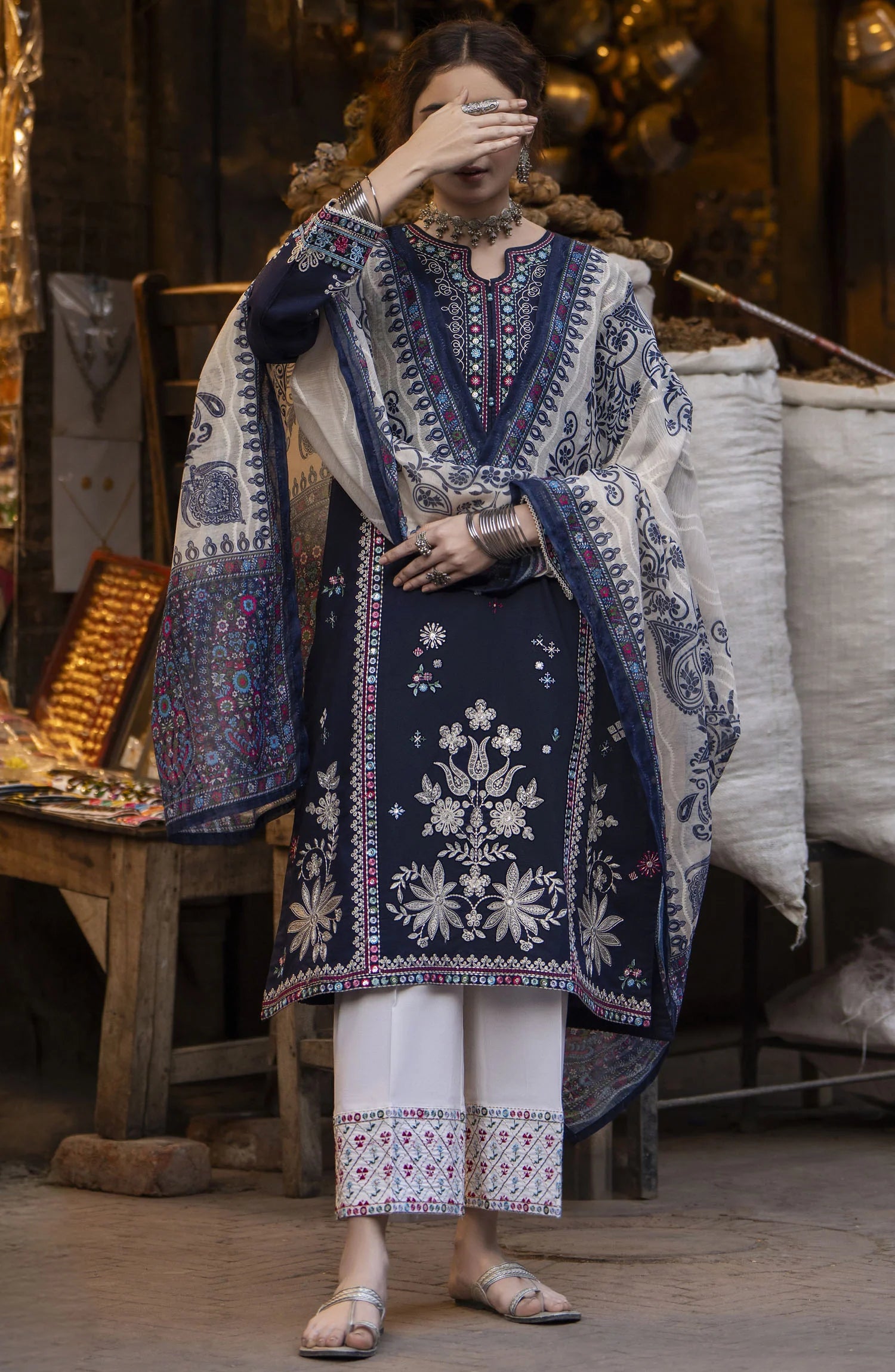 AL KARIM - 3PC Dhanak Embroidered Suit - USME-015055