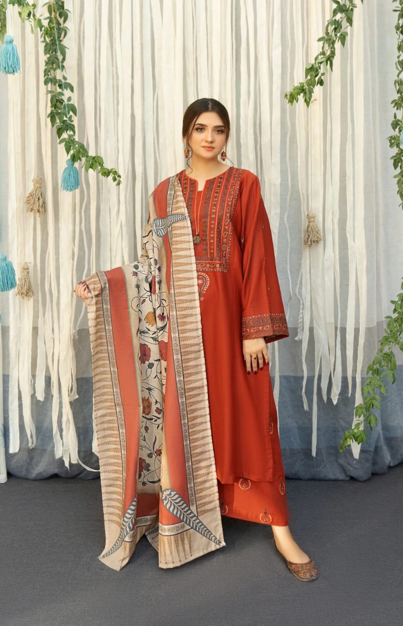 Urge - 3PC Dhanak Embroidered Suit - USME-015001