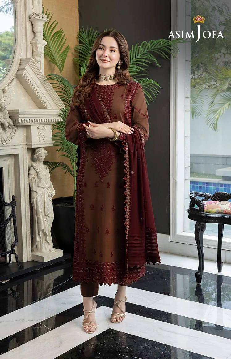 Asim jofa - 3PC Luxury Dhanak Embroidered Suit - USME-015021